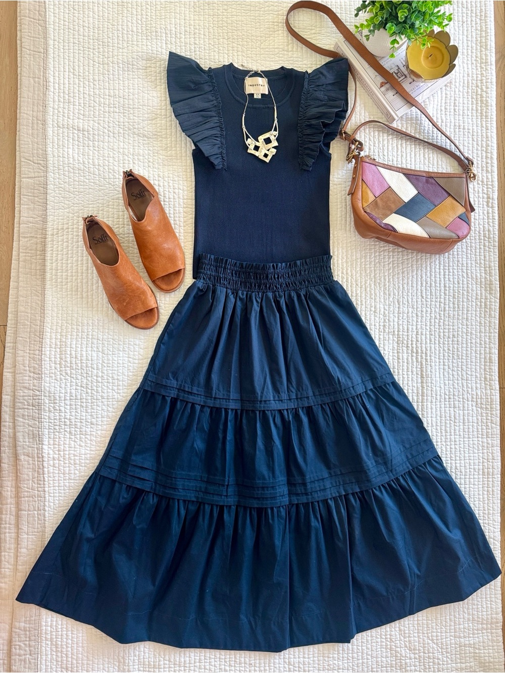 Navy Set Ruffle Sleeve Shirt and Midi Layered Skirt Size Medium NEW